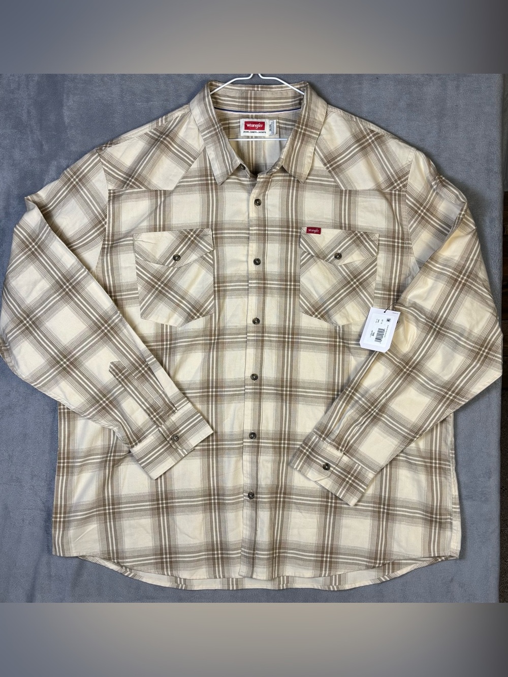 NWT Wrangler Men 2XL Plaid Western Long Sleeve Shirt Beige Brown Five Star